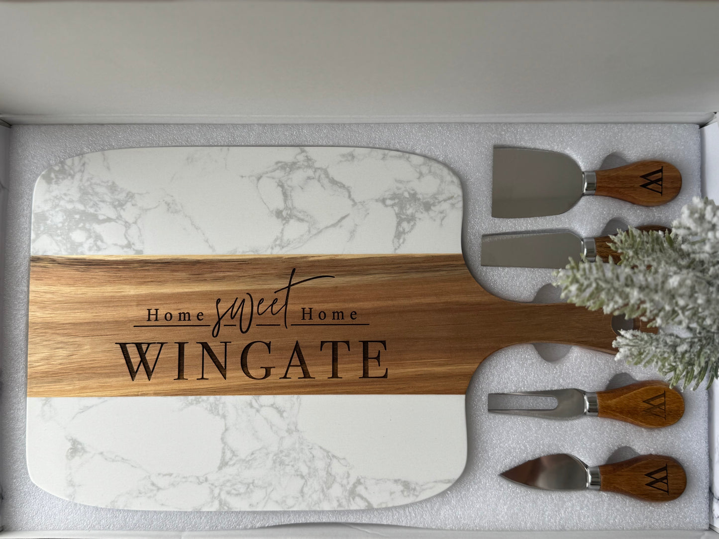 5pc Marble/Wood Cutting Board + Utensil Set