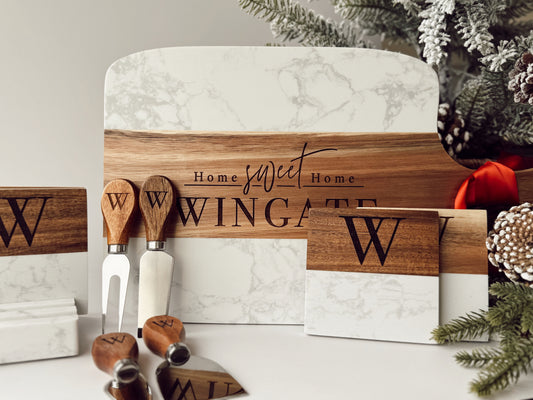 5pc Marble/Wood Cutting Board + Utensil Set