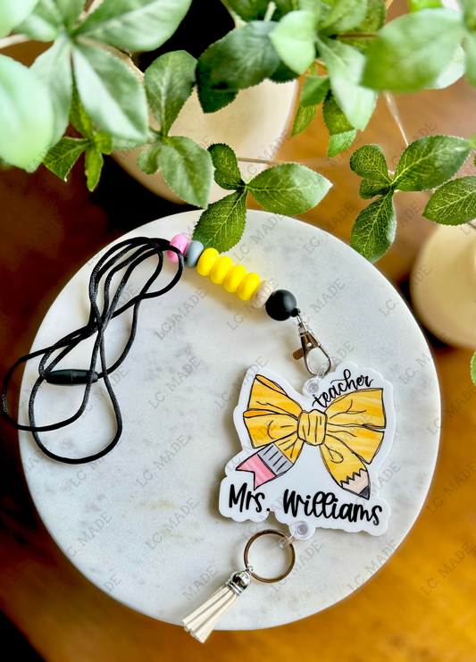 Teacher Lanyard, Personalized, Pencil Bow Lanyard, Acrylic Lanyard, Personalized Teacher Lanyard, Badge Holder, Pencil Lanyard, Teacher Gift